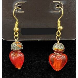 Handmade Red Glass Heart & Red Orange & Clear Glass Bead Earrings by Neanie-Bot